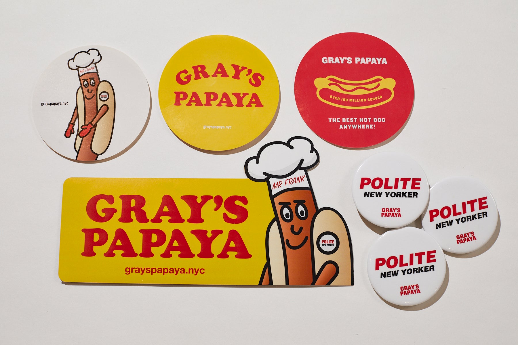 BUNDLE: Magnet, Stickers, and Buttons – Gray's Papaya